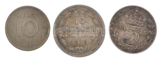 Vegyes: Nagy-Britannia 1915. 3p Ag "V. György" + Orosz Birodalom 1916. 10k Ag + Svédország 1959. 10ö Ag T:VF,F Mixed: United Kingdom 1915. 3 Pence Ag "George V" + Russian Empire 1916. 10 Kopecks Ag + Sweden 1959. 10 Öre Ag C:VF,F