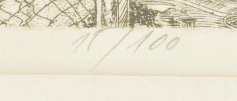 Kádas István (1941-): (...) falusi ház. Rézkarc, papír, jelzett, számozott (15/100). Paszpartuban, 2...