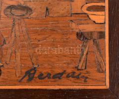 Bezdány József (1900 k.-?): Játékosok. Festett intarzia, fa, jelzett, 13x18,5 cm. Dekoratív, korabel...