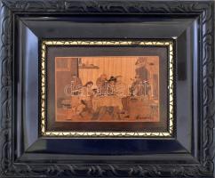 Bezdány József (1900 k.-?): Játékosok. Festett intarzia, fa, jelzett, 13x18,5 cm. Dekoratív, korabel...