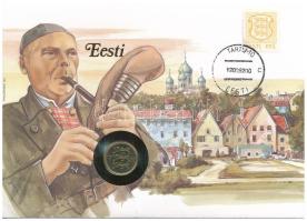 Észtország 1992. 50s Cu-Al-Ni felbélyegzett borítékban, bélyegzéssel, német nyelvű tájékoztatóval T:UNC Estonia 1992. 50 Senti Cu-Al-Ni in envelope with stamp, cancellation and a prospectus in german C:UNC