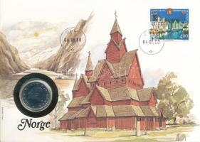 Norvégia 1988. 1K Cu-Ni felbélyegzett érmés borítékban, bélyegzéssel T:AU  Norway 1988. 1 Kronor Cu-Ni in coin envelope with stamp, cancellation C:AU