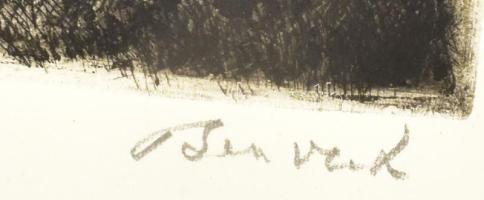 Bencze László (1907-1992): Táj házakkal. Rézkarc, papír, jelzett, 19x29 cm