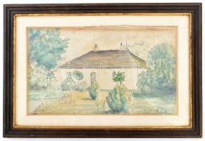 Bene Géza jelzéssel: Kertesház. Akvarell, ceruza, papír, foltos. Üvegezett fakeretben. 14,5x24,5 cm