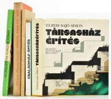 Vegyes családi házakkal kapcsolatos építészeti könyvtétel, 4 db:   Hervay - Sajó: Családiház építés. Bp., 1970, Műszaki.; Hervay - Sajó - Simon: Társasházépítés. Bp., 1977, Műszaki.; Éber Kálmán - Radvánszky Imre - Szabó Iván - Szántó László: Az üdülőépítés korszerű formái. Bp., 1982., ÉTK.; Preisich - Reischl - Vadász: Városi családi ház. Bp., 1959, Műszaki.  Különféle kötésekben, változó állapotban.