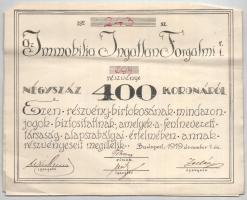 Budapest 1919. "Az Immobilia Ingatlan Forgalmi Részvénytársaság" részvénye 400K-ról szelvé...