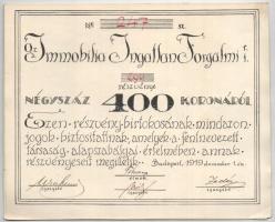 Budapest 1919. "Az Immobilia Ingatlan Forgalmi Részvénytársaság" részvénye 400K-ról szelvé...