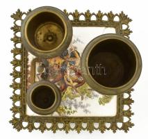 Szivar kínáló készlet, szivarvágóval. Réz, fajansz. repedéssel. 19x19 cm, m: 13 cm