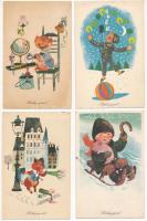 ÚJÉV - 25 db MODERN magyar retro grafikai üdvözlő képeslap vegyes minőségben. Képzőművészeti Alap / NEW YEAR - 25 modern Hungarian retro graphic greeting postcards in mixed quality