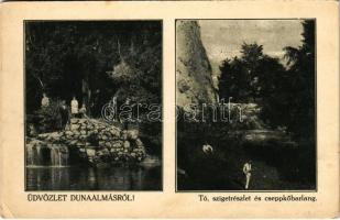 1927 Dunaalmás, Tó, sziget részlet és cseppkőbarlang. Szilágyi Arthur kiadása (EK)