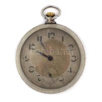 cca 1900 Locarno Watch Co. svájci zsebóra, másodpercmutatós, nikkel, kopott számlappal, fedél gravírozott, jelzett, működik, d: 5 cm / Locarno Watch Co. swiss pocket watch, nickel, worn condition, working