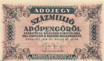 1946. 100.000.000AP főtípus, előlapi nyomat lefelé csúszva T:I