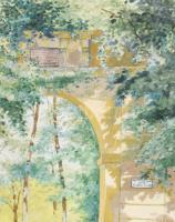 Santhó Miklós (1868-1944): Napfényes udvar, 1932. Akvarell, papír, jelzett, kartonra kasírozva. Deko...