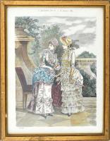 1883 Női divatkép, színezett rotációs fametszet, papír, jelzett a metszeten. Antik, üvegezett, kissé...