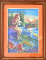 Iványi Grünwald jelzéssel: Vízparti akt. Vegyes technika, papír, üvegezett fakeretben, 33x23 cm