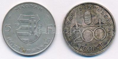 1947. 5Ft Ag "Kossuth" + 1992. 200Ft Ag "MNB" T:XF,VF patina