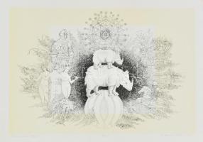 Ábrahám Rafael (1929-2014): Orrszarvúk tánca. Szitanyomat, papír, jelzett, számozott (31/100), 33×49 cm