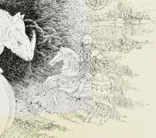 Ábrahám Rafael (1929-2014): Orrszarvúk tánca. Szitanyomat, papír, jelzett, számozott (31/100), 33×49...