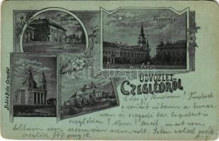 1899 (Vorläufer) Cegléd, református templom, városi vígadó, Népbank, város rész. Kiadja Sebők Béla. Art Nouveau, floral (EM)