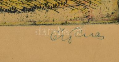 Ősz Dénes (1915-1980): Budai vár. Színes rézkarc, papír, kartonra kasírozva, jelzett, lap széle folt...