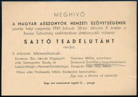 1941 Meghívó a Magyar Asszonyok Nemzeti Szövetsége által a Baross Szövetség székházában szervezett sajtó teadélutánra