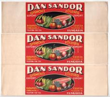 cca 1940 Dán Sándor gyümölcs-zöldség export konzerv címke, 3 db, 31x9 cm