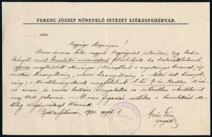 1930 Székesfehérvár, Grész Leó (1883-1945) tanár, ciszterci szerzetes, a Ferenc József Nőnevelő Intézet igazgatójának saját kezű, aláírt levele, az intézet fejléces levélpapírján, bélyegzővel
