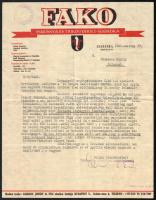 1942 Szabadka (Subotica), Fakó Harisnya és Trikógyár Rt. fejléces levélpapírra írt, gépelt levele, aláírásokkal, bélyegzőkkel