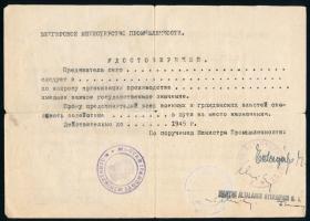 1945 Magyar Iparügyi Minisztérium által kiállított, kétnyelvű (magyar, orosz) igazolvány, utazási en...
