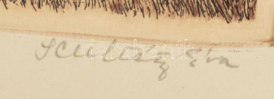 Scultéty Éva (1917-2001): Vörösfenyő. Rézkarc, papír, jelzett, számozott (68/100), 24×19 cm