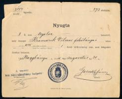 1910 Nagybánya (Baia Mare), nyugta 8K (zártkutatmány utáni illeték) befizetéséről, aláírásokkal, "M. K. Bányakapitányság Nagybányán" bélyegzővel