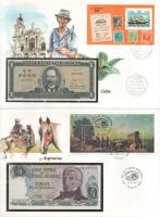 Vegyes 7db-os bankjegyes boríték tétel, mind különféle, közte: India, Bhután, Kuba, Argentína, Venez...