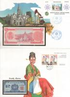 Vegyes 7db-os bankjegyes boríték tétel, mind különféle, közte: India, Bhután, Kuba, Argentína, Venez...