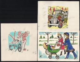 Szegő Gizi (1902-1985): Ludas Matyiban megjelent grafikák, karikatúrák vázlatai. 15 db. Vegyes techn...