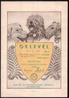 1959 Országos Kutyakiállítás grafikus oklevél, Magyar Kutyatenyésztők Országos Egyesülete, kisebb lapszéli gyűrődésekkel, 30x21 cm