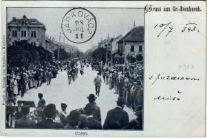 1898 (Vorläufer) Nagybecskerek, Zrenjanin, Veliki Beckerek; Corso / Sétatér, korzó, kerékpáros felvonulás. Grcsits és Kiralyev kiadása / bicycle parade