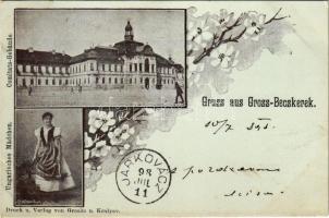 1898 (Vorläufer) Nagybecskerek, Zrenjanin, Veliki Beckerek; Megyeháza, magyar folklór. Grcsits és Kiralyev kiadása / Comitats-Gebäude, Ungarisches Mädchen / county hall, Hungarian folklore. Floral (EK)