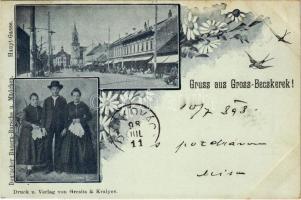 1898 (Vorläufer) Nagybecskerek, Zrenjanin, Veliki Beckerek; Fő utca, Német parasztok. Grcsits és Kiralyev kiadása / Hauptgasse, Deutscher Bauern-Bursche u. Mädchen / main street, German folklore. Floral (EK)