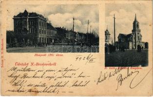 1899 (Vorläufer) Nagybecskerek, Zrenjanin, Veliki Beckerek; Hunyadi (Fő) utca, Római katolikus plébániatemplom, piac. Schenk H. kiadása / main street, Catholic church, market (fl)