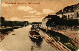 1918 Nagybecskerek, Zrenjanin, Veliki Beckerek; Béga részlet, Polgári iskola, uszályok / Bega riverside, school, barges (r)