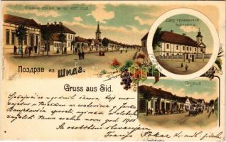 1900 Sid, Fő utca, templom, Piac / church of the Krizevci diocese, square, shops, market. Ottmar Zieher Art Nouveau, floral, litho