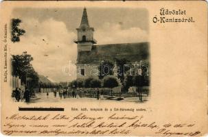 1901 Magyarkanizsa, Ókanizsa, Ó-Kanizsa, Stara Kanjiza; Római katolikus templom és Szentháromság szobor. Kassovitz Mór kiadása / Catholic church, Holy Trinity statue (EM)