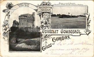 1900 Gombos, Bogojeva; Erdődi várrom, Komp a nyílt Dunán / Erdődi-Burg, Überfuhr-Plätte auf der offenen Donau / castle, ferry. Art Nouveau, floral (r)