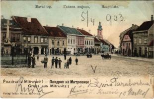 1903 Szávaszentdemeter, Mitrovice, Mitrovitz an der Save, Sremska Mitrovica; Glavni trg / Hauptplatz / Fő tér, piac, gyógyszertár, Weiss és Adler, Krauss üzlete. Isidor Weiss kiadása / main square, market, pharmacy, shops (EB)