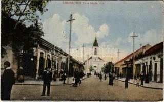 Óbecse, Stari Becej; Gróf Tisza István utca, gyógyszertár, üzletek. Lévai Lajos kiadása / street view, pharmacy, shops (fl)