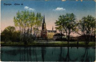 Topolya, Bácstopolya, Bács-Topolya, Backa Topola; Halastó, templom. Hajtmann István kiadása / lake, church (kis szakadás / small tear)