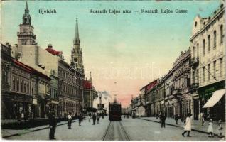 Újvidék, Novi Sad; Kossuth Lajos utca, villamos, üzletek. Fischer Sándor kiadása / street view, tram, shops (EK)