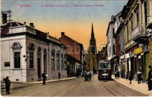 1917 Újvidék, Novi Sad; II. Rákóczi Ferenc út, villamos, üzletek / street view, tram, shops (kopott sarkak / worn corners)