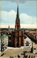 1915 Újvidék, Novi Sad; Római katolikus templom, piac. Vasúti levelezőlapárusítás 9. sz. 1915. / Catholic church, market (kopott sarkak / worn corners)