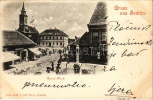 1898 (Vorläufer) Zimony, Semlin, Zemun; Haupt-Platz / Fő tér, gyógyszertár, üzletek, piac. Joh. Puljo kiadása / main square, pharmacy, shops, market (fl)